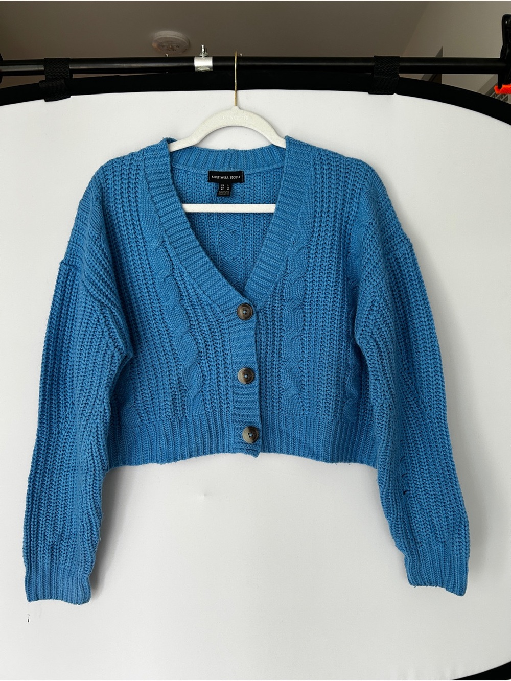 Forever 21 Blue Cropped Cable Knit Button Cardigan